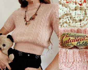 1940s/40s Vintage Bubblegum Pink Catalina Cable Knit Cropped Sweater Top- S/M