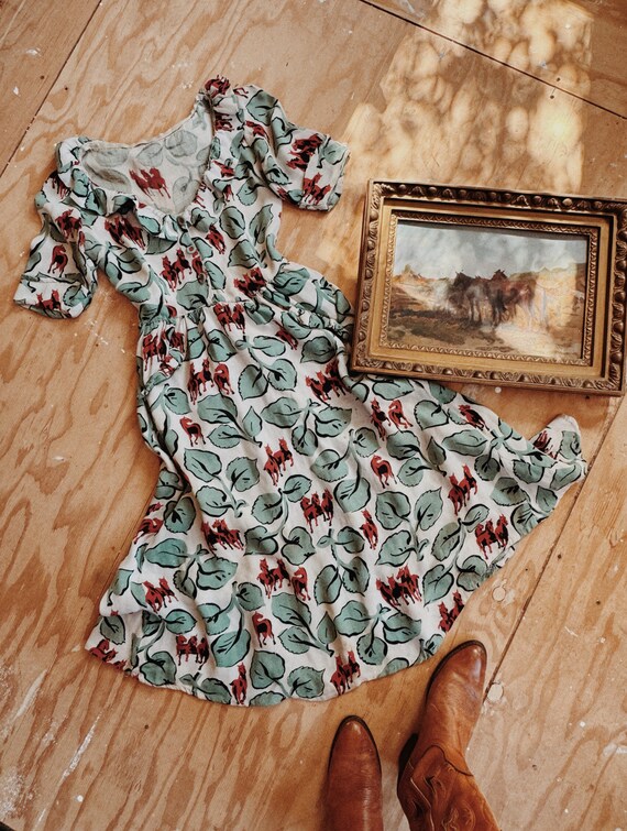 1930s/40s Horse Novelty Print Day Dress w/ Ruffles