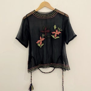 1920s/20s Black Chiffon Top W/ Floral Embroidery S/M image 1