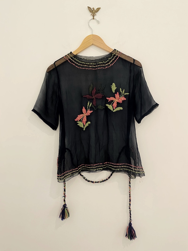 1920s/20s Black Chiffon Top W/ Floral Embroidery S/M image 1