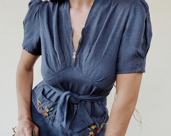 1930s/30s Blue Day Dress w/ Puffed Shoulders + Felt Floral + Stud Pockets- S/M
