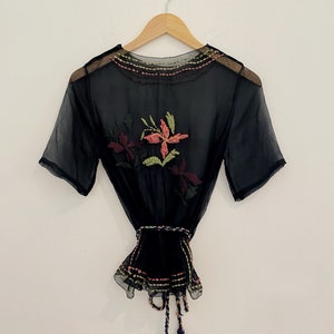 1920s/20s Black Chiffon Top W/ Floral Embroidery S/M image 7