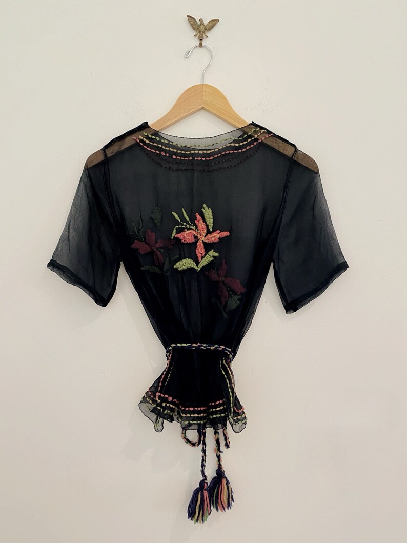 1920s/20s Black Chiffon Top W/ Floral Embroidery S/M image 7