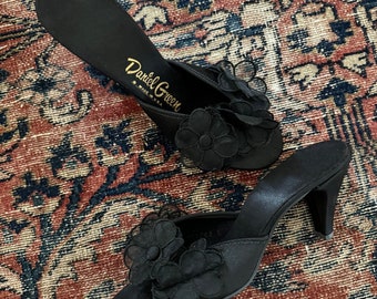 1950s/50s Vintage Daisy Floral Boudoir Heel Slipper Shoes Black Daniel Green- 5
