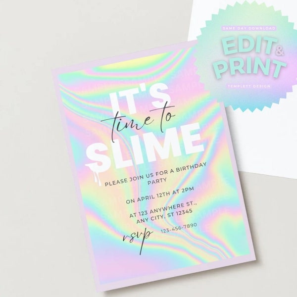 Editable Slime Birthday Party Invitation - Any Age - Trendy Slime Invitation - DIGITAL Printable Invite 5” x 7” - Same Day Download