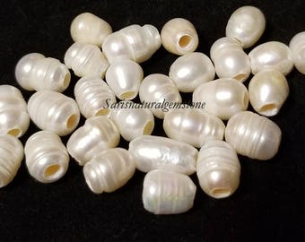 Natural Freshwater Pearls Beads, 3mm hole bead, oval loose pearl beads, Natural Color, White, size 8-9mm wide, 8-11mm long, large hole 3mm.