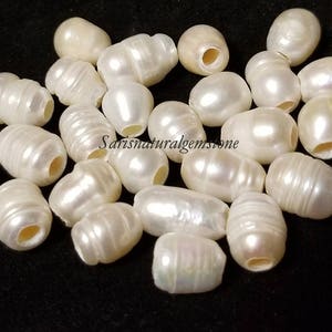 Natural Freshwater Pearls Beads, 3mm hole bead, oval loose pearl beads, Natural Color, White, size 8-9mm wide, 8-11mm long, large hole 3mm. image 1