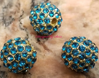 5 perles strass aigue-marine : perles rondes en alliage doré (10 mm)