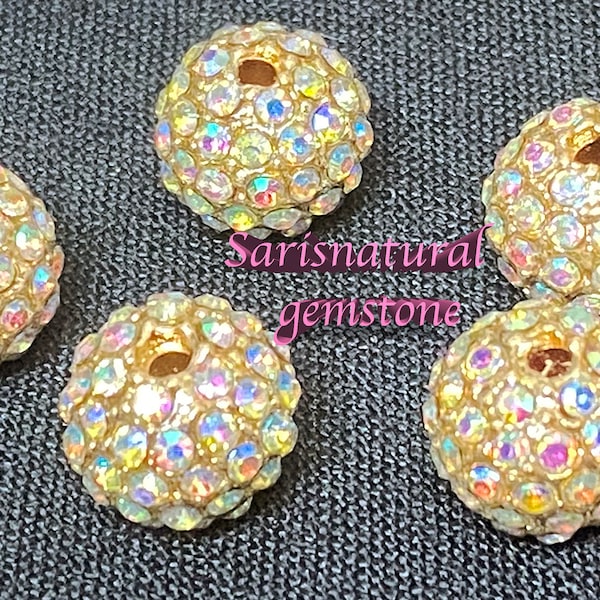 5 Alloy Rhinestone Beads, Grade A, Round, Golden Metal Color, multicolor Crystal AB, size 10mm,hole: 2mm.