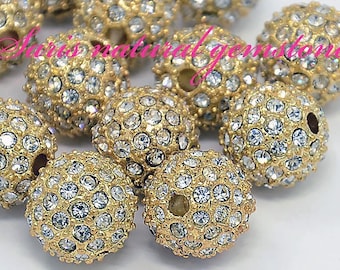 5 Golden Alloy Rhinestone Pave Beads: Crystal Round Beads (10-12mm)