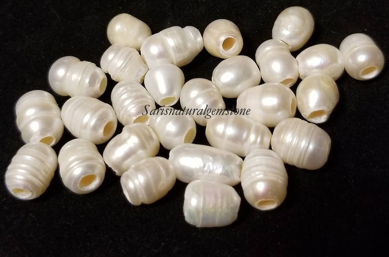 Natural Freshwater Pearls Beads, 3mm hole bead, oval loose pearl beads, Natural Color, White, size 8-9mm wide, 8-11mm long, large hole 3mm. image 1