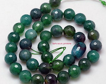 Natural Agate Round Beads, Faceted, Dark Green, Size: about 10mm in diameter, hole 1mm; 18 BEADS