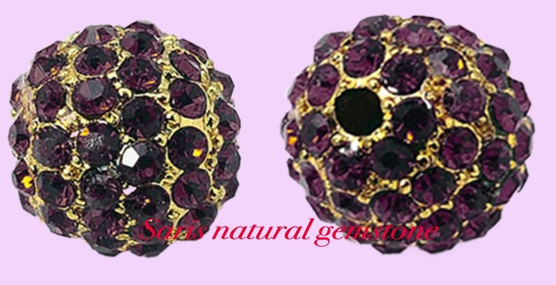 5 Amethyst Rhinestone Beads: Golden Alloy Metal, 10mm bild 2