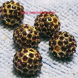 5 Amethyst Rhinestone Beads: Golden Alloy Metal, 10mm bild 1