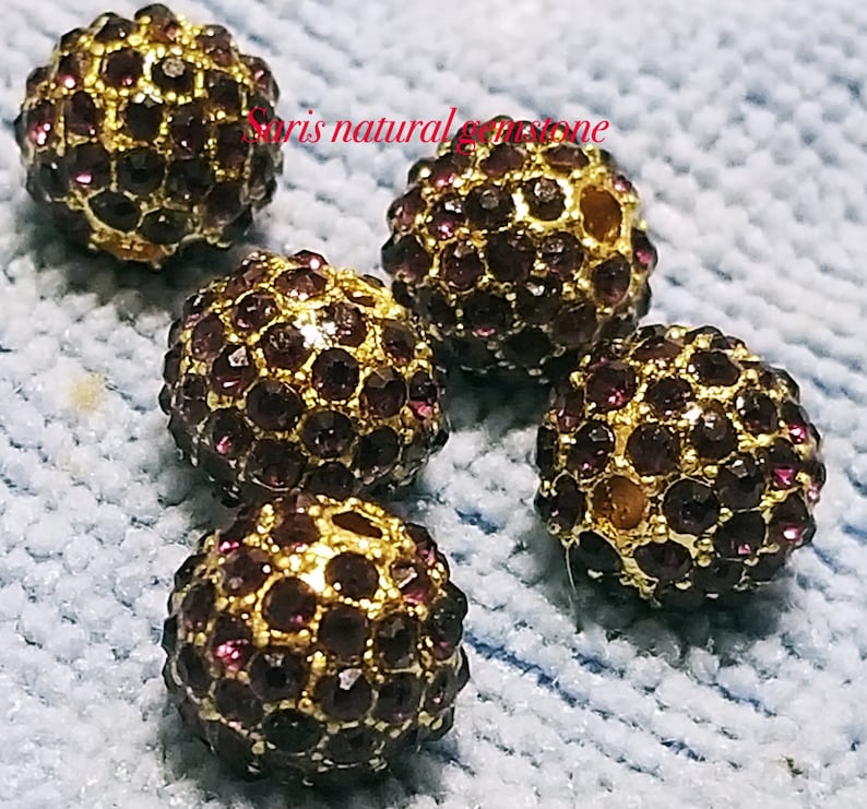 5 Amethyst Rhinestone Beads: Golden Alloy Metal, 10mm bild 1