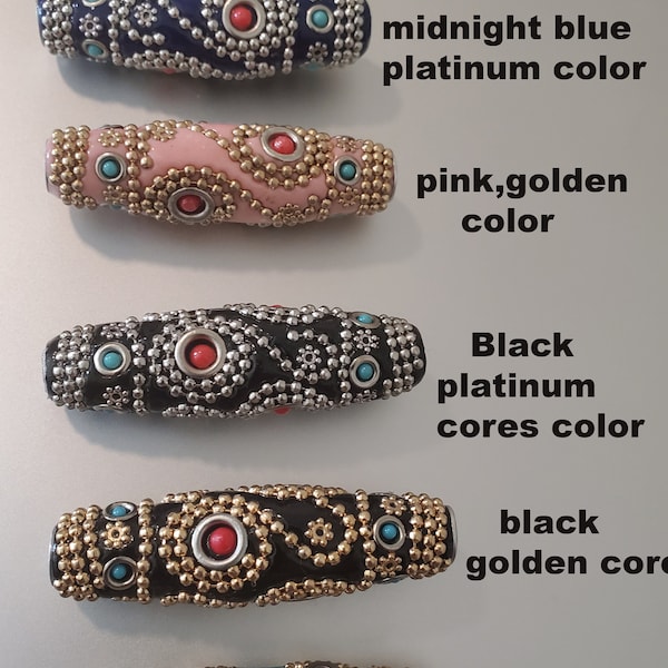 1 Oval Handmade Indonesia Beads, with Platinum Metal Color Aluminum or golden cores, midnight blue, black, dark green, pink