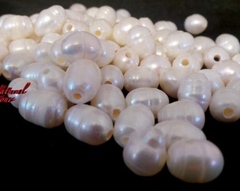 Natural Freshwater Pearls Rice Beads large hole, White, 8-10 mm long, 8-9mm wide, 8-9mm thick, hole  2 - 2.3 mm. 18 pearls