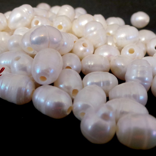 Natural Freshwater Pearls Rice Beads large hole, White, 8-10 mm long, 8-9mm wide, 8-9mm thick, hole  2 - 2.3 mm. 18 pearls