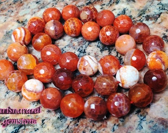 Cuenta de ágata de fuego natural redonda, grado A, facetada, color naranja coralino Tamaño: aproximadamente 10 mm de diámetro, agujero 1 mm
