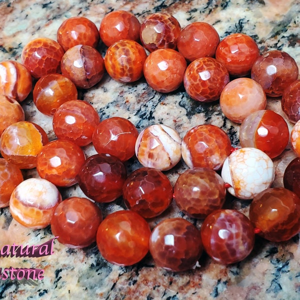 Natural Fire Agate Bead, Round, Grade A, Faceted, Dyed and Heated, white orange Coral color, about 10 mm in diameter, hole 1mm. 18 BEADS