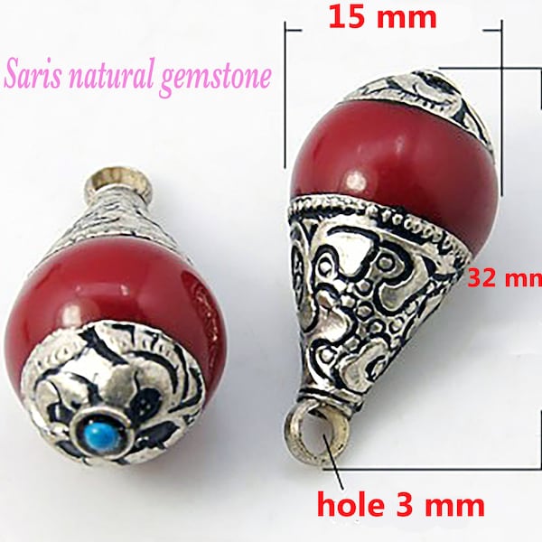 2 handmade Tibetan beads Pendants, with red Coral, Drop, Antique Silver, Size about 15mm wide, 32mm long, hole, 3mm