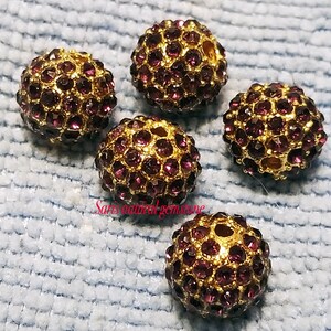 5 Amethyst Rhinestone Beads: Golden Alloy Metal, 10mm bild 3