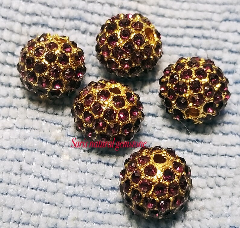 5 Amethyst Rhinestone Beads: Golden Alloy Metal, 10mm bild 3