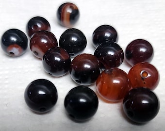 Natural Agate Bead, Smooth Polished Round, coconut brown different shades 10-11mm, Hole: 1mm, 18 BEADS