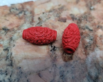 5 Carved Cinnabar Barrel Beads: FireBrick Red, Floral Design