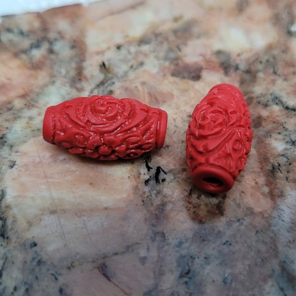 5 Carved Cinnabar Beads, Barrel, FireBrick, Size about 17.5mm long, 9.5mm wide, 9.5mm thick, hole 2.5mm.