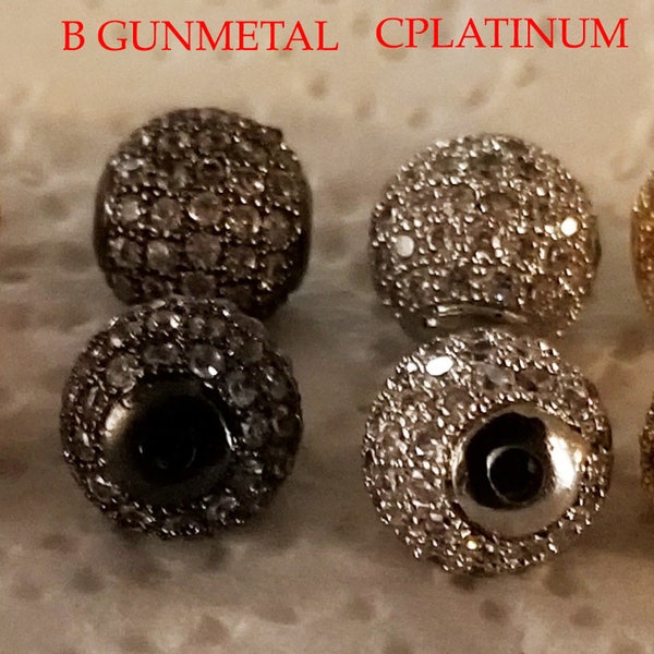 2 Round Brass Micro Pave Cubic Zirconia Beads, 2 Rose Gold, 2 Platinum, 2 Gunmetal Color pave beads, Size, 10 mm in diameter, hole 2 mm