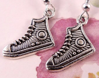 Sneaker Earrings, Hypoallergenic, High Top Running Shoes, Small, Cute Silvertone Athletic Shoes, Gift for Runners, Basketball, Athletes, Fun