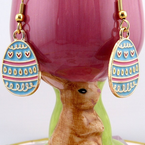 Easter Egg Earrings, Blue, Pink and Yellow with Golden Trim, Small, Lightweight, Hypoallergenic, Pretty Easter Gift for Her, Super Cute