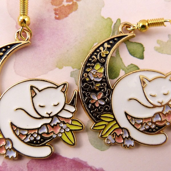 Cat and Moon Earrings, Sleek White Cat Sleeps on a Bed of Beautiful Flowers in the Curve of the Moon, Gorgeous, Hypoallergenic, Great Gift