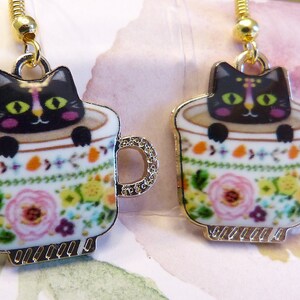 Cat Earrings, Hypoallergenic, Small Black Cat in Teacup Earrings, Finely Detailed, Kawaii Cat Earrings, Whimsical, Adorable, Sweet, Cuteness