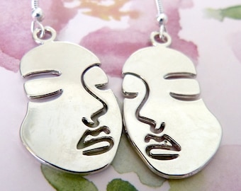 Gesicht Ohrringe, hypoallergen, abstraktes silberfarbenes Frauengesicht, schön, ungewöhnlich, einzigartig, Boho, tolles Geschenk für Sie, feministisch, Feminismus