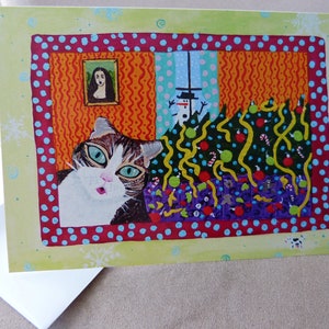 Carte de Noël gros chat, carte drôle, art populaire original, chat renverse le sapin de Noël, carte de vœux, papier recyclé premium avec enveloppe