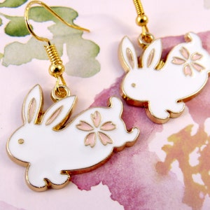 Rabbit Earrings, Hypoallergenic, Cute White and Pink Bunnies, Rabbit with Flowers on Her Butt, Adorable Bunny Earrings, Gift for Her