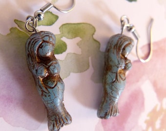 Hypoallergenic Gorgeous Fertility Goddess Curvy Mermaid Earrings Curvaceous Mermaid Slate Blue Rustic Glass Charm Czech Glass Sexy
