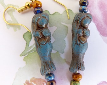 Hypoallergenic Gorgeous Fertility Goddess Curvy Mermaid Earrings Curvaceous Mermaid Slate Blue Rustic Glass Charm Czech Glass Sexy