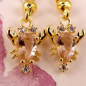 Lobster Earrings, Teeny Tiny Peach Coloured Cubic Zirconia Stones, Petite, Hypoallergenic, Beautiful, Gorgeous, Gold Plated Setting, Cute