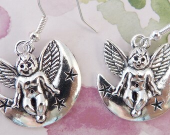 Angel Earrings, Hypoallergenic, Super Cute Cherubic Angels, Cherub, Cupid Nekkid Perched On Moon, Absolutely Adorable, Chunky, Gift for Her