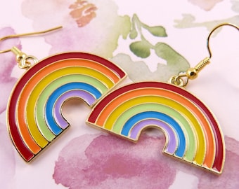 Rainbow Earrings, Beautiful Colours, LGBTQ Earrings, Pretty Rainbow Medium Size Enamel Earrings, Gift for Her, Whimsical, Cute