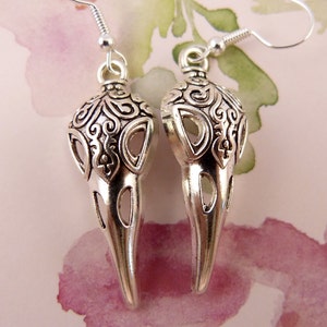 Bird Skull Earrings, Hypoallergenic, Raven Skull, Ornate Decorative Intricate Details in Lightweight Goth Skulls, Plague Doctor, Shiny