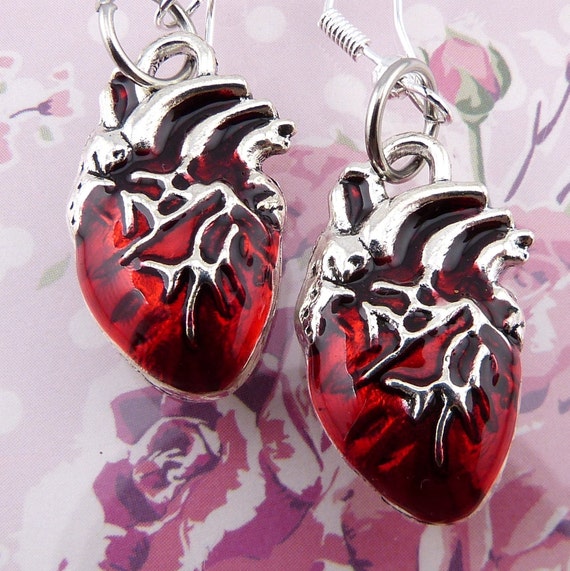 Realistic Heart Earrings, Glossy Red Anatomical Hearts