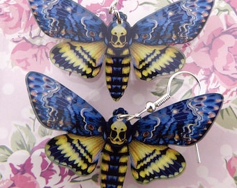 Death Head Moth Earrings, Pale Yellowed Skull with Blue Tipped Wings, Lightweight Acrylic, Hypoallergenic, Gleefully Gorgeously Goth!