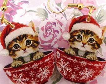 Christmas Earrings, Cute Tabby Cats Wearing Santa Claus Hats Sitting in Festive Teacups, Adorable Gift for Her, Acrylic, Small, Lightweight