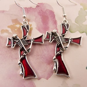 Skeleton Climbing Cross Earrings, Hypoallergenic, Goth, Medium Size, Cranberry Red, Silver, Black, Gift for Men or Women, Halloween, Scary