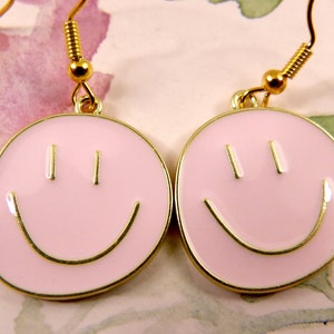 Pink Happy Face Earrings, Hypoallergenic, Pretty Pale Pink with Golden Smile, Cheerful, Delightful, Joyful, Upbeat, Great Gift for Her