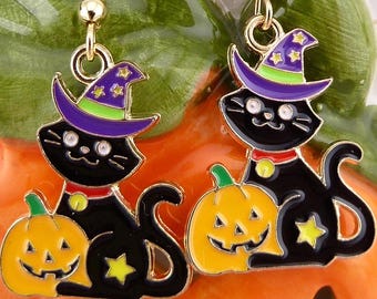 Cute Wizard Cat Earrings, Great Choice for Children & Fun for Adults! Small, Hypoallergenic, Witch/Wizard Black Cat With Jack-O'-Lantern